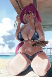 1girls beach big_breasts bikini blue_bra blue_thong blue_underwear bra chopsticks eating food hazel_eyes kneeling large_breasts light-skinned_female light_skin long_hair looking_down new_(lk) original partially_clothed pink_hair plastic ryusei_hashida shade steaming sweat sweating sweaty swimsuit thick_thighs thong tongue tongue_out water wooden_floor