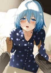 1boy 1girls animal_print bed blush breast_grab ddukae female holding_hands kuzuryuu_yaichi looking_at_viewer pov ryuuou_no_oshigoto! seductive_smile sora_ginko