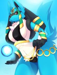 anthro anthrofied big_breasts blue_fur breasts canine cleavage clothing female female_lucario fur furry furry_only lucario nintendo pokemon pokemon_(species) pokemon_unite skwidbone solo tail