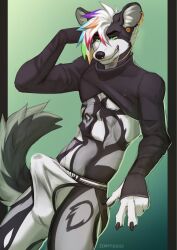 abs anthro athletic bulge clothing crop_top ear_piercing facial_piercing green_eyes hair hi_res hyena jockstrap male mammal multicolored_hair nose_piercing piercing shirt solo tail topwear underwear watermark zempy3