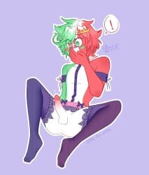 ! 1boy blush countryhumans covering_face covering_mouth erection fascist_italy_(countryhumans) femboy hand_on_head male male_only no_anus penis purple_background simple_background solo solo_focus solo_male stockings the_purple_witchy thick_thighs thighhighs