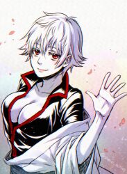 big_breasts canon_genderswap cleavage female female_only full_cleavage genderswap_(mtf) ginko_sakata gintama gintoki_sakata hadanugi_dousa kimono looking_at_viewer no_bra open_shirt popped_collar red_eyes rule_63 shero_terios short_hair smile solo upper_body very_short_hair waving