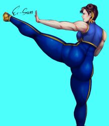 1girls 2022 aqua_background artist_name ass brown_hair capcom chun-li esan02b female female_only fighting_stance fit fit_female flexible fully_clothed hair_buns hi_res kicking muscular muscular_arms muscular_female rear_view simple_background solo street_fighter street_fighter_alpha thick_thighs