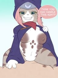 1boy 1girls absurd_res anthro breasts capcom cloak clothed clothing dialogue domestic_cat duo english_text felid feline felis felyne female hi_res hood human interspecies lynian male male_human/female_anthro mammal mcerror monster_hunter monster_hunter_stories_2:_wings_of_ruin multi_breast navel palico smug tsukino_(monster_hunter_stories)