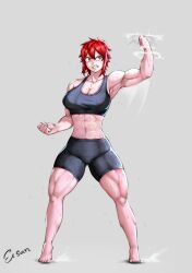 1girls 2023 abs aizawa_tomo artist_name athletic athletic_female barefoot big_breasts esan02b female female_only gray_background grey_background hi_res looking_away motion_lines muscles muscular muscular_arms muscular_female muscular_thighs punch red_eyes simple_background solo sportswear sweat tomboy tomo-chan_wa_onna_no_ko