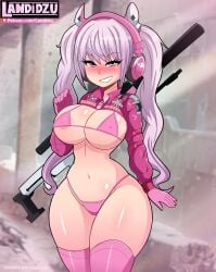 1girls alice_(nikke) areola areola_slip areolae big_breasts bikini blush breasts cameltoe cleavage clothed clothing female female_only gloves goddess_of_victory:_nikke headphones landidzu large_breasts long_hair looking_at_viewer navel nipple_bulge panties pink_eyes smile sniper sniper_rifle solo solo_female standing thick_thighs thighhighs twintails voluptuous wide_hips