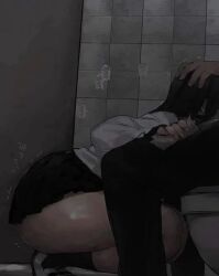 1boy 1girls bathroom bathroom_stall black_hair c.cu c_mieco fellatio female huge_ass implied_fellatio oral_sex school_uniform shuddering skirt squatting thick_thighs