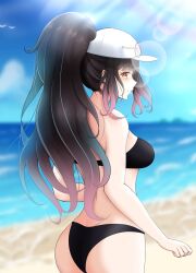 1girls back_view beach bikini black_hair cap clouds day female_only glasses_on_head hana_yomeguri indie_virtual_youtuber long_hair looking_back ocean ponytail swimsuit two_tone_hair virtual_youtuber