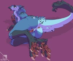 anthro anus ass blue_body blue_fur butt_focus claws feet female fur genitals goose_(maverick) green_eyes hi_res looking_at_viewer lying nude on_side pussy schizy sergal simple_background solo spots spotted_body spotted_fur