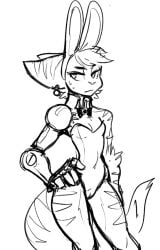 5_fingers anthro black_and_white breasts bunny_ears bunny_girl bunnysuit cameltoe digital_media_(artwork) edit eyewear female fingers fur furry genitals guoh hair hand_on_hip lombax mammal monochrome nipples nude prosthetic prosthetic_arm prosthetic_limb pussy ratchet_and_clank rivet_(ratchet_and_clank) simple_background sketch small_breasts smile solo sony_corporation sony_interactive_entertainment stripes sweatdrop tongue tongue_out video_games white_background