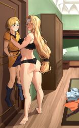 1boy 1girls against_wall age_difference assertive_female athosart barefoot bed bedroom big_ass black_bra black_panties blonde_hair blush bra brigid_(fire_emblem) bulge clothes_removed commission covered_penis dew_(fire_emblem) erection erection_under_clothes eye_contact face-to-face female femdom fire_emblem fire_emblem:_genealogy_of_the_holy_war headband height_difference highres how_to_talk_to_short_people indoors kabedon licking_lips lifting_person lingerie looking_at_another male meme nintendo panties penis ponytail smile sweatdrop tongue tongue_out underwear wall