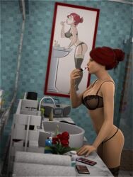 applying_lipstick applying_makeup bathroom black_lingerie black_stockings boobs bra cleavage female g-string large_breasts lingerie lipstick red_hair red_lipstick redhead sideboob solo stockings sydgrl3d