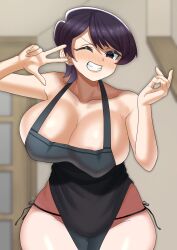 1girls apron big_breasts black_apron black_eyes black_thong breasts cleavage female female_only hair huge_breasts komi-san_wa_komyushou_desu komi_shuuko large_breasts lips mature mature_female mature_woman mik4 milf mother naked_apron one_eye_closed peace_sign purple_hair short_hair solo solo_female thighs thong wink winking winking_at_viewer