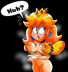 1boy 1girls black_background blush bowser breasts disembodied_hand female female_focus heart_eyes holding_breast male mario_(series) nebulapixels nintendo princess_peach simple_background speech_bubble sweat text text_bubble