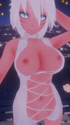 areolae big_breasts blue_eyes breasts dark-skinned_female dark_skin final_fantasy large_breasts miqo'te nipples pussy pussy_peek reverse_virgin_killer_sweater shaved_pussy smug thamriyell virgin_killer_sweater vrchat vrchat_avatar white_hair wide_hips