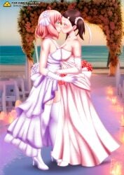 2girls adult adult_version aged_up anya_forger bbmbbf beach becky_blackbell blush bridal_veil bride bride_and_bride brown_eyes brown_hair female female/female female_focus female_only flower flower_in_hair full_grown gold_level green_eyes green_hair grown_up high_heels kiss lesbian lesbian_couple lesbian_wedding older older_female older_version palcomix palcomix*vip palcomix_vip pietro's_secret_club pietros_secret_club pink_hair spy_x_family wedding wedding_band wedding_dress wedding_lingerie wedding_veil wholesome wife_and_wife yuri yuri_wedding