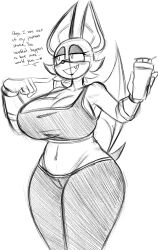 1girls big_breasts blush breasts cleavage clothing coffee_cup crop_top dialogue female female_only furry huge_breasts leggings midriff monochrome open_mouth protein_shake rouge_the_bat sketch smile snesti snesti09 solo solo_female sonic_(series) sonic_the_hedgehog_(series) tagme thong wide_hips wings workout_clothes