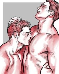 areola artist_request bara bucky_barnes captain_america chris_evans closed_eyes gay hand_in_hair hand_on_waist licking licking_chest marvel marvel_cinematic_universe monochrome muscular nipple no_visible_genitalia sebastian_stan steve_rogers