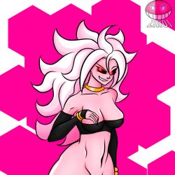 1girls almost_naked android_21 armwear big_breasts black_topwear breasts child_bearing_hips dragon_ball dragon_ball_fighterz dragon_ball_z female female female_only grin hip_grab huge_breasts majin majin_android_21 naughty_face no_pants pink_body pink_hair red_eyes smile white_hair wide_hips zirot