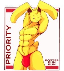 1boy bloobiesus bulge cute_expression erect_nipples erection ftm_transformation fur genderswap genderswap_(ftm) humanoid male muscular muscular_male nipples oc poster_bun_bun pretty_boy rabbit rabbit_boy rule_63 simple_background smile text_background yellow_body yellow_fur