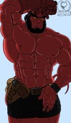 against_surface bara black_hair broken_horn bulge dark_horse demon facial_hair flaccid hellboy hellboy_(series) horns leaning_on_elbow male male_only muscles muscular no_visible_genitalia red_body red_skin shirtless shorts solo solo_male tail thejmin2