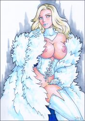 big_breasts blonde_hair blue_eyes bottomless bottomless_female breasts breasts_out candra choker corset emma_frost female female_only hellfire_club looking_at_viewer marvel marvel_comics nipples silver_lipstick thick_thighs thighhighs topless topless_female white_queen x-men