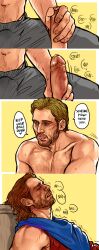 2boys artist_request bara beard biting_lip blonde_hair brown_hair bucky_barnes captain_america chris_evans dialogue english_text foreskin fully_retracted_foreskin gay hairy hairy_arms hairy_chest handjob leaking leaking_cum lips male_only marvel marvel_cinematic_universe moaning muscular precum precum_drip quickie sebastian_stan sneaking steve_rogers uncut unretracted_foreskin wakanda yaoi