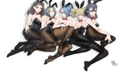 2023 5girls absurdres animal_ears bare_shoulders black_leotard black_pantyhose bow bowtie bunny_ears bunnysuit fake_animal_ears feet female female_only gundam gundam_suisei_no_majo henao_jazz highleg highleg_leotard highres ireesha_plano legs leotard looking_at_viewer maisie_may multiple_girls no_shoes pantyhose playboy_bunny renee_costa sabina_fardin side-tie_leotard strapless strapless_leotard tierla toes white_background wrist_cuffs