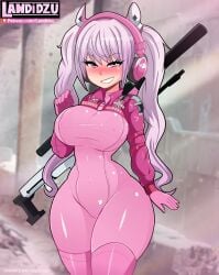 1girls alice_(nikke) big_breasts blush bodysuit clothed fake_animal_ears goddess_of_victory:_nikke gun headphones landidzu latex latex_suit long_hair looking_at_viewer pink_eyes pink_hair rifle shiny_clothes sniper_rifle solo stockings thick_thighs thighhighs twintails voluptuous