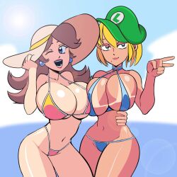 2020 2girls ayaiken beach beach_hat big_breasts bikini bimbo blonde_hair blue_bikini blue_eyes breasts brown_hair cleavage dark_skin dominant_female huge_breasts looking_at_viewer mario_(series) metroid nintendo orange_bikini pov princess_daisy samus_aran smile smug voluptuous