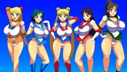 5girls ami_mizuno bare_legs bishoujo_senshi_sailor_moon bow bursting_breasts busty clothing enormous_breasts erect_nipples female female_focus female_only hori_hiraki hourglass_figure huge_breasts huge_cleavage large_breasts makoto_kino massive_breasts minako_aino multiple_girls pinup pinup_pose puffy_areola puffy_areolae_under_clothes puffy_nipples rei_hino sailor_jupiter sailor_mars sailor_mercury sailor_moon sailor_uniform sailor_venus skimpy skimpy_clothes skirt standing thong usagi_tsukino voluptuous voluptuous_female wide_hips