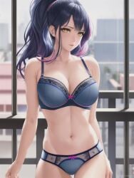 1girls ai_generated bare_shoulders blue_hair bra cleavage female hourglass_figure large_breasts looking_at_viewer multicolored_hair navel original original_character panties pink_hair ponytail shmebulock36 slim slim_waist solo underwear yellow_eyes