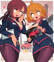 2girls big_breasts car curvaceous curvy curvy_female curvy_figure female gashi-gashi heart hourglass_figure mob_face pantyhose safe_for_work sfw simple_eyes stockings uejini