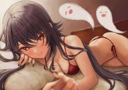 1girls ass blush bra breasts brown_hair cleavage genshin_impact ghost hi_res hu_tao_(genshin_impact) huziko32 looking_at_viewer lying nail_polish panties petite pillow pov red_eyes seductive seductive_eyes seductive_look seductive_smile small_breasts smile smiling_at_viewer solo twintails underwear unseen_male_face wholesome