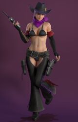 1girls 3d 3d_(artwork) alternate_costume ayane_(doa) bandana belt black_bikini_top black_clothing breasts chaps cowboy_hat dead_or_alive dead_or_alive_5 elbow_gloves female female_focus female_only gun_holster highres holding_weapon looking_to_the_side navel ninja_gaiden pose purple_background purple_hair radianteld red_eyes revolver simple_background solo solo_female solo_focus tecmo