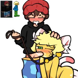 2boys artist_request blowjob cat_boy catboy clothed_male collar cum flustered gay male nude nude_male oral penis penis_out reference_image roblox roblox_avatar robloxian source_request tagme toony wet_penis