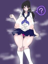 1girls ass_visible_through_thighs chitanda_eru hyouka knees_together_feet_apart massive_breasts purple_eyes spoken_question_mark tagme wide_hips