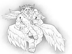 absurd_res anthro anthro_only balls claws delicious_in_dungeon demon dungeon_meshi feathered_wings feathers felid foreskin genitals haiscone hi_res horn humanoid_genitalia humanoid_penis lion male male_only mammal mane nude pantherine penis solo winged_lion_(dungeon_meshi) wings