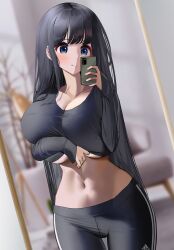 1girls belly_button big_breasts black_hair blue_eyes blush breasts female female_only holding_breast huge_breasts large_breasts light-skinned_female light_skin long_hair nicorima phone selfie smile solo solo_focus track_pants underboob