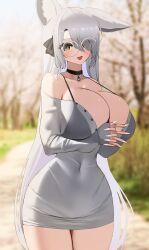 1girls big_breasts bra breasts collar fox_ears fox_girl glasses grey_hair huge_breasts large_breasts light-skinned_female light_skin long_hair nicorima smile translucent_clothing unbuttoned