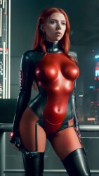 1girls ai_generated black_widow_(marvel) bodysuit breasts celebrity city covered_navel earrings garter_straps latex lips long_hair looking_at_viewer luci0ai marvel marvel_cinematic_universe medium_breasts natasha_romanoff realistic red_hair scarlett_johansson skin_tight solo standing thighhighs zipper