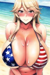 ai_generated alteryors beach belly_button bikini blonde_hair blush huge_breasts iowa_(kantai_collection) kantai_collection large_breasts long_hair looking_at_viewer nipples sky smile sweat tummy