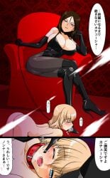 2girls all_fours black_leotard blonde_hair blue_eyes bondage breasts brown_hair chair clothed_female_nude_female collar dominatrix elbow_gloves girls_und_panzer gloves high_heel_boots high_heels holding_leash katyusha large_breasts leash leotard licking licking_boot long_hair multiple_girls nonna_(girls_und_panzer) nude nude_female oosaka_kanagawa pantyhose red_chair short_hair sitting sitting_on_chair slave stepped_on stepping_on_face text text_bubble thighhigh_boots yuri