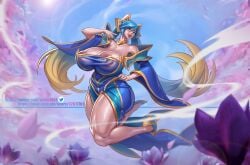 1girls 69_(artist) areola_slip areolae big_penis blue_hair breasts female huge_breasts large_ass league_of_legends light-skinned_female light_skin long_hair looking_at_viewer solo solo_female sona_buvelle thick_thighs thighhighs thighs