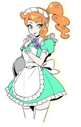 1girls apron breasts dede_(qwea_00000) green_eyes heart_hair_ornament holding_tray looking_at_viewer maid maid_apron maid_headdress maid_uniform medium_breasts nintendo orange_hair pokemon pokemon_ss side_ponytail sonia_(pokemon) thighhighs tray waist_apron