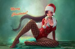 1girls black_hair breasts candy candy_cane candy_cane_in_mouth castcuraga choker christmas clothing dragon_quest dragon_quest_xi fishnet_pantyhose fishnets food fur-trimmed_jacket fur_trim hat jacket jade_(dq11) large_breasts leotard looking_at_viewer ponytail purple_eyes red_jacket red_leotard santa_costume santa_hat yokozuwari