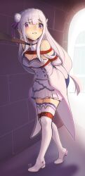 1girls arms_tied_behind_back bondage breasts collar dress emilia_(re:zero) enslaved_royal hair_ornament kaddo leash legs_tied long_hair medium_breasts princess purple_eyes re:zero_kara_hajimeru_isekai_seikatsu rope rope_bondage sex_slave shibari_over_clothes slave slavegirl thighhigh_boots walking white_dress white_hair