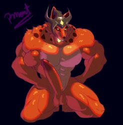 anthro armor barazoku biceps canid canine demon erection foreskin genitals headgear helmet hi_res infernal_nasus infernal_series league_of_legends looking_at_viewer male male_only mammal nasus nude pecs penis pinumontbalou riot_games solo tongue tongue_out