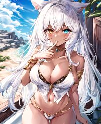 1girls ai_generated beach cat_ears cat_tail catgirl dark-skinned_female dark_skin facial_markings final_fantasy final_fantasy_xiv heterochromia large_breasts long_hair looking_at_viewer miqo'te miyuki_mochizuki navel necklace outside revealing_clothes revealing_panties seductive_smile smile thigh_gap wrist_cuffs