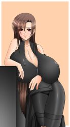 arm_under_breast arm_under_breasts brown_hair cleavage contrapposto female final_fantasy final_fantasy_vii final_fantasy_vii_advent_children huge_breasts human hyper_breasts leaning leaning_on_elbow long_hair massive_breasts nipple_bulge red_eyes tagme tifa_lockhart